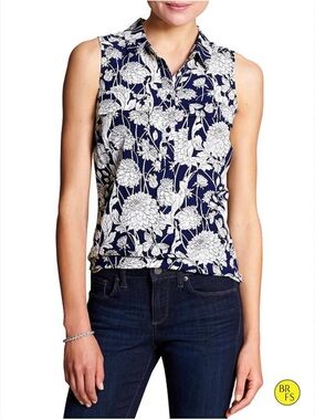 Banana Republic Sleeveless Navy Blue Floral Collared Top size S